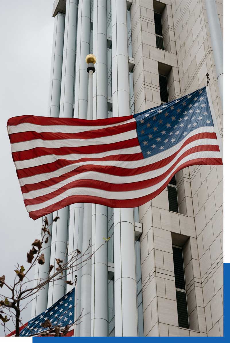 American flag in front of a building