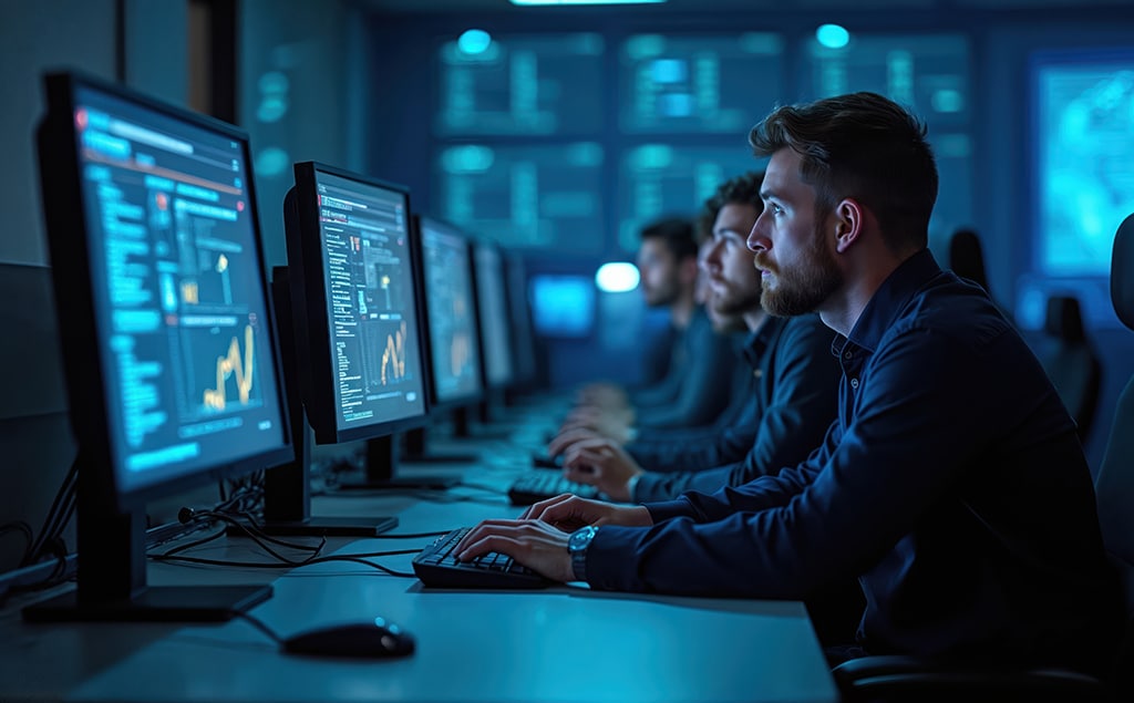 Cybersecurity team monitoring network data and threat activity as part of enterprise cybersecurity solutions