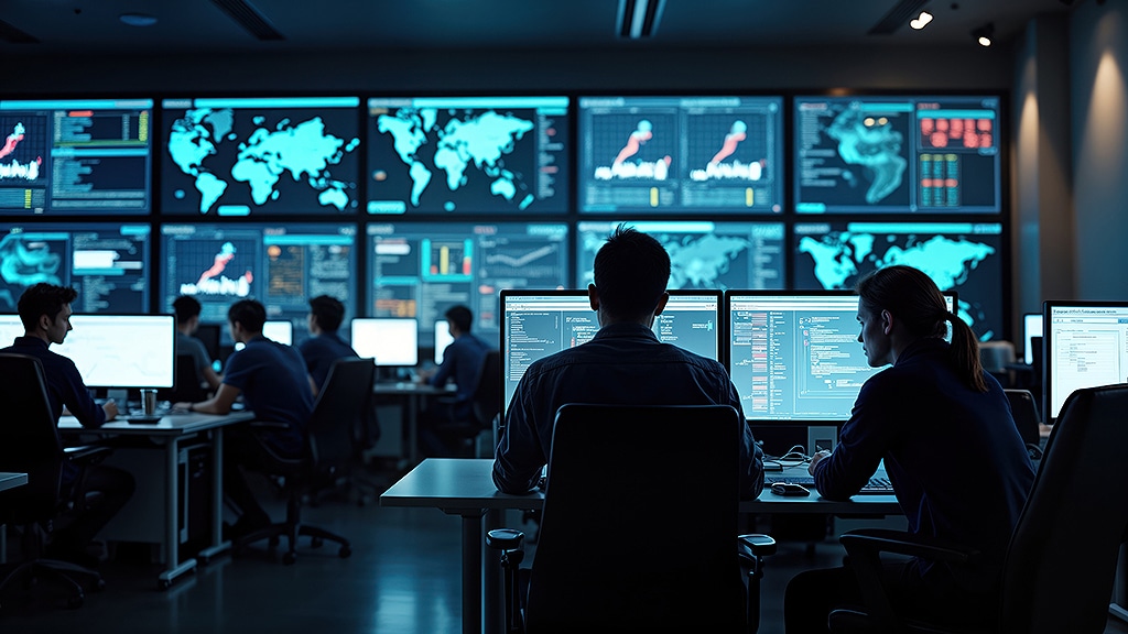 IT security professionals monitoring global threat data on multiple screens inside a cybersecurity operations center