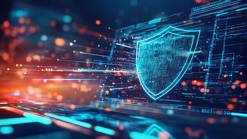 Digital shield icon representing network protection and data security in an advanced cybersecurity system