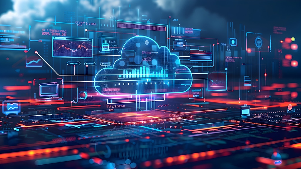 Digital illustration of a cloud computing network showing data flow and secure cloud infrastructure in enterprise cybersecurity