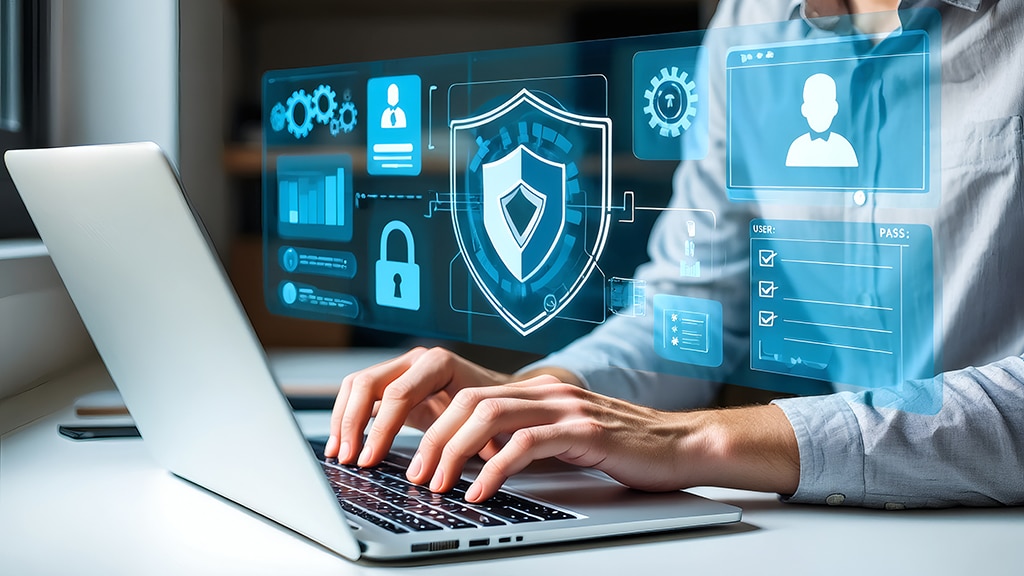 Person using a laptop with a digital security shield and login icons representing cybersecurity access control