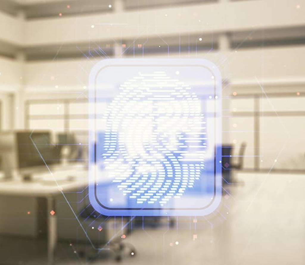 Fingerprint security icon overlayed on a modern office background representing access control